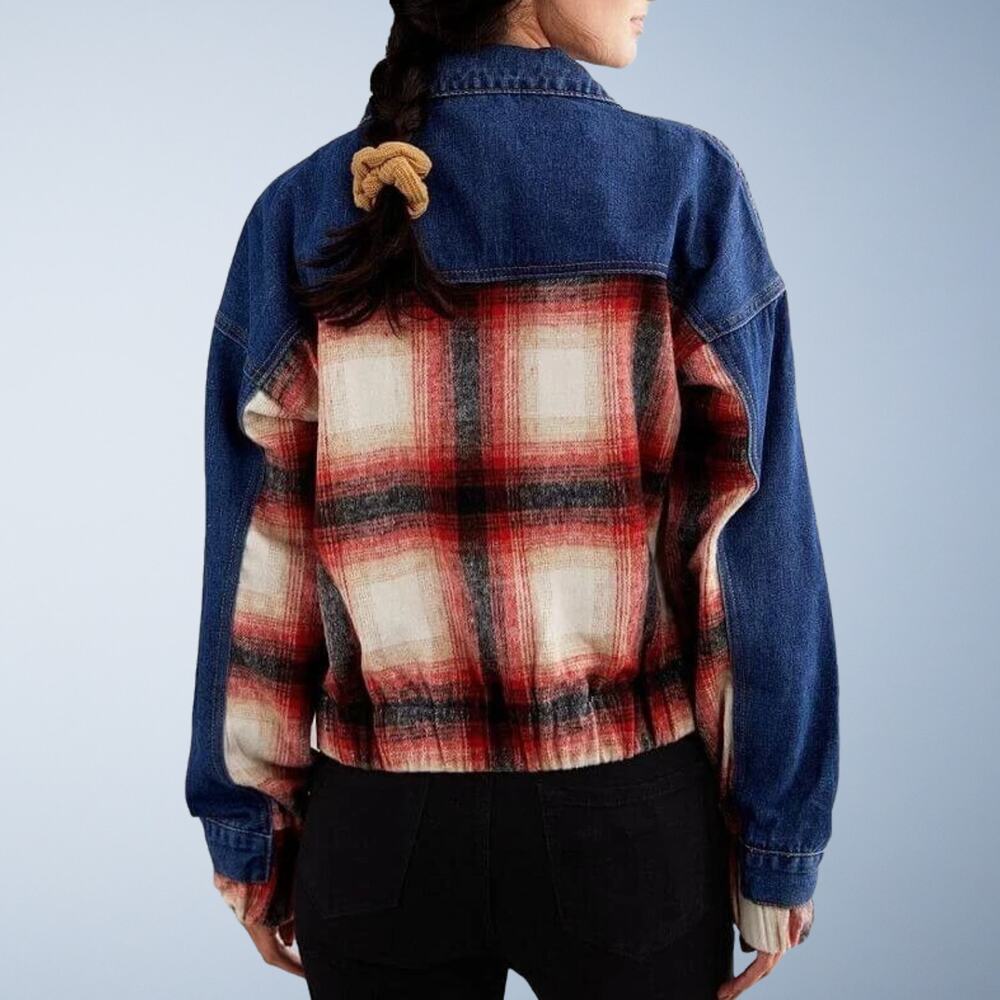 BKE Plaid and Denim Trucker Jacket Brushed Wool Blend Size Large - Picture 1 of 10